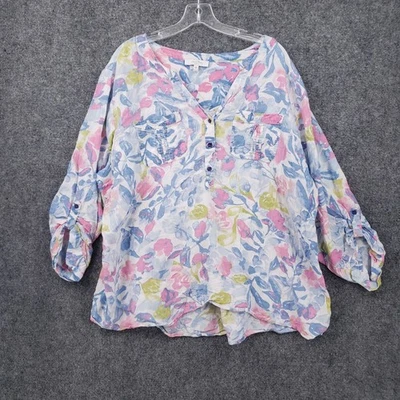 Blusa floral Coral Bay Top para mujer 3X Plus azul manga lengüeta enrollable mezcla de lino Foto 1 de 4