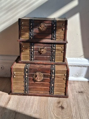 Juego de caja de tesoro de madera vintage 3 piezas organizador de almacenamiento decoración del hogar marrón Foto 1 de 4