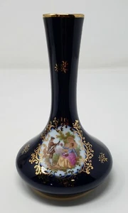 LIMOGES France Porcelain Cobalt Blue Gold Bud Vase Courting Scene 6” Tall - Picture 1 of 5