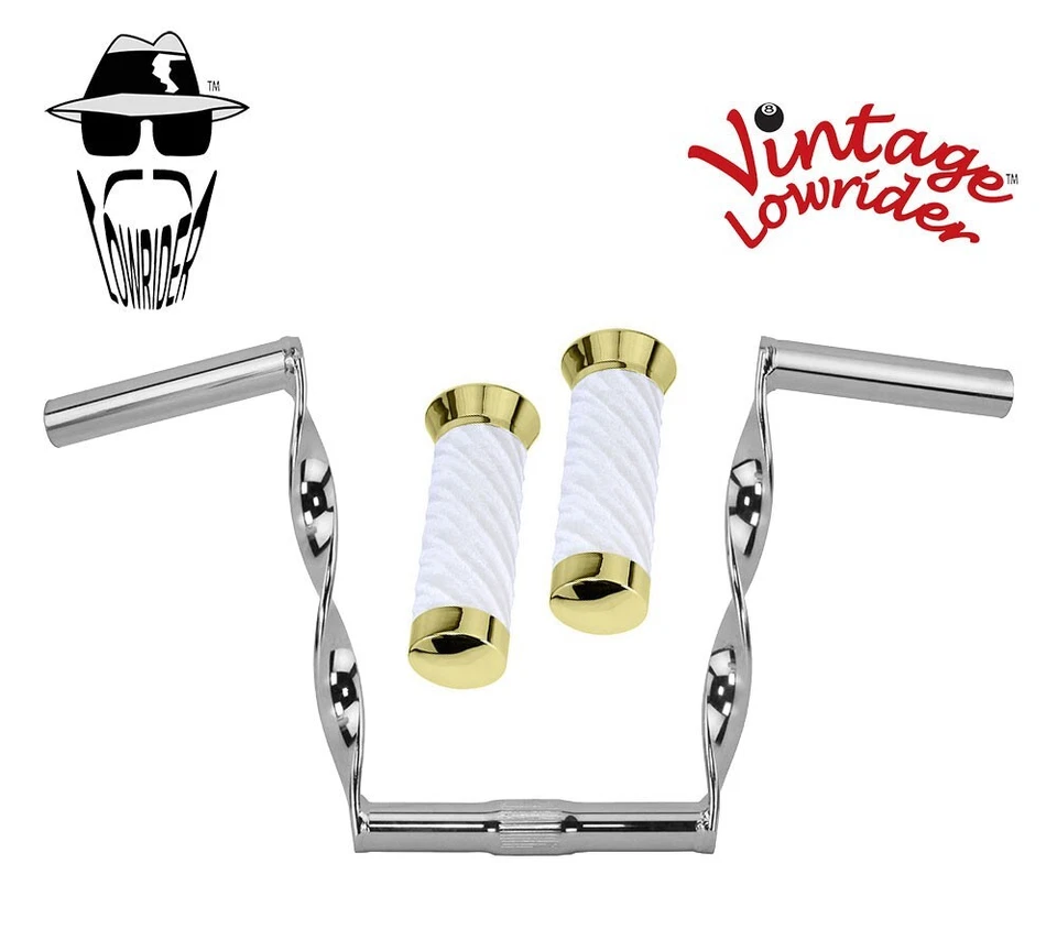 Manillar trenzado plano cromado Lowrider 9" de colección 25,4 mm y empuñaduras blancas de terciopelo remolino. Foto 1 de 1