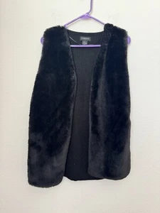 Liz Claiborne Women's Solid Black Faux Fur Vest Knit Open Boho Sassy Large - Picture 1 of 8