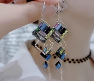 Coloured Earrings Pendant Summery Earrings Square Crystal Earrings Boho Earring - Picture 1 of 23