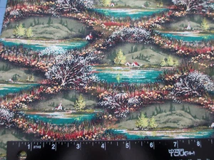 Kaufman OOP Baumwollstoff Hütten am See im Wald olivgrün BTY - Bild 1 von 9