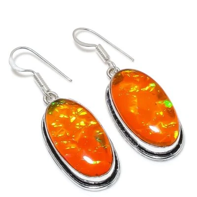 Pendiente naranja australiano triplete ópalo piedras preciosas plata 925 joyería 1,85" Foto 1 de 3