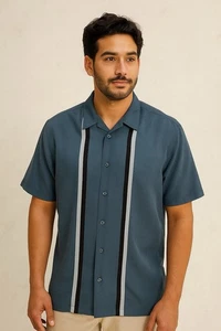 Cubavera Button Down Casual Men's Blue Stripe Guayabera Bowling Classic Shirt LG - Picture 1 of 9
