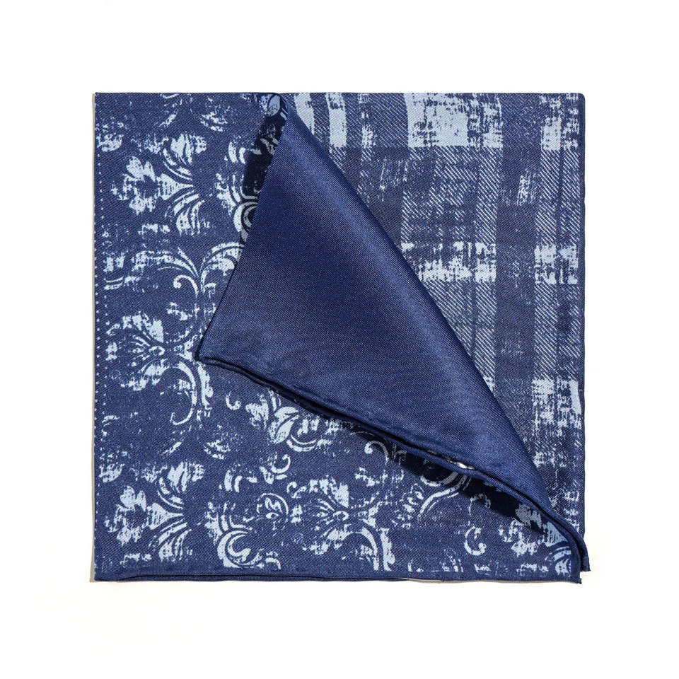 Men's 100% Silk Blue Multi-Pattern Plaid Dot Geometric Pocket Square Scarf 11.8" - Image 1 of 4