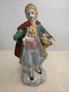 Vintage Porcelain Figurine Man with Basket of Flowers 8" Tall Japan - Picture 1 of 7