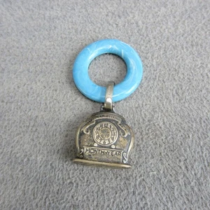 Vintage Sterling Baby Rattle Unengraved Mickey Blue Teething Ring MCM - Picture 1 of 4