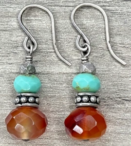 Artisan Signed Sterling 925 Turquoise Carnelian Faceted Dangle Hook Earrings 5g - Picture 1 of 6