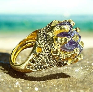 Perfume Poison Ring Raw Amethyst Stones Chunky Gold Tone Statement Ring Vintage - Picture 1 of 7