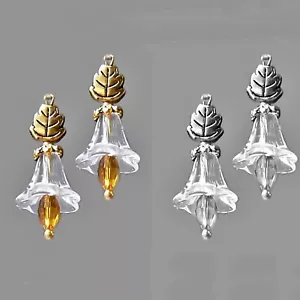 Earrings,Clear Czech glass lily flower and crystal, petite drop - Picture 1 of 3