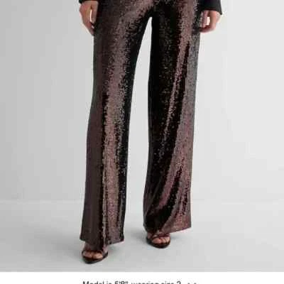 Express NUEVO Pantalón Para Mujer Cintura Alta Lentejuelas Plisado Recortado Marrón PEQUEÑO Foto 1 de 4