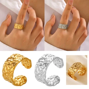 Gold Plated Hammered Ring Adjustable Unisex Stainless Steel Open Knuckl ∂ - Picture 1 of 13