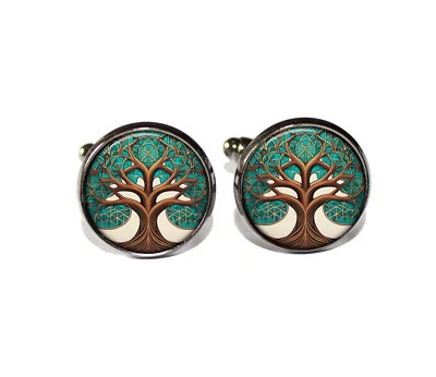 Sacred Geometry Tree of Life Handmade Round Glass Cufflinks Gift for Him - Image 1 of 3