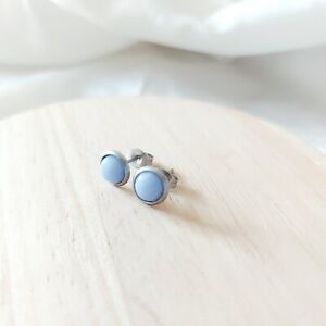 Blue lace agate natural gemstones 6mm handmade stainless Steel stud Earrings
