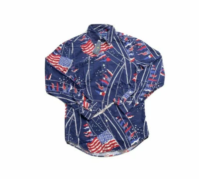 CAMISA MASCULINA RALPH LAUREN ESTAMPA BANDEIRA AMERICANA AJUSTE CLÁSSICO LS azul tamanho GG alta  - Imagem 1 de 4