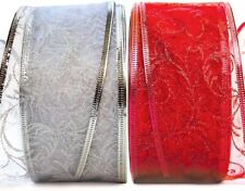 CHRISTMAS RIBBON FOR GIFT WRAPPING RED WIRE RIBBON SILVER SHEER WIRE ORGANZA SET