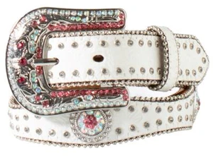 Nocona Western Girls Belt Leather Scalloped Embossed Conchos White N4442305 - Picture 1 of 1