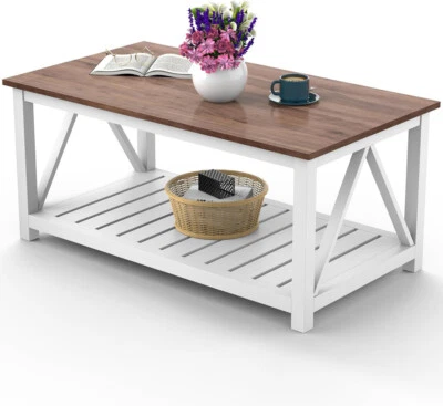 Farmhouse Coffee Table with Storage 2 Tier Center Cocktail Table Living Room - Image 1 of 4