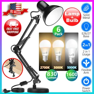 Black Desk Lamp Adjustable Swing Arm 6pack 2700K\3000\K5000 LED Light Bulbs - Picture 1 of 35