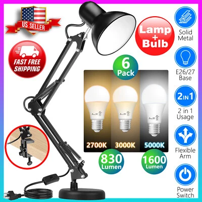Black Desk Lamp Adjustable Swing Arm 6pack 2700K3000K5000 LED Light Bulbs - Image 1 of 2