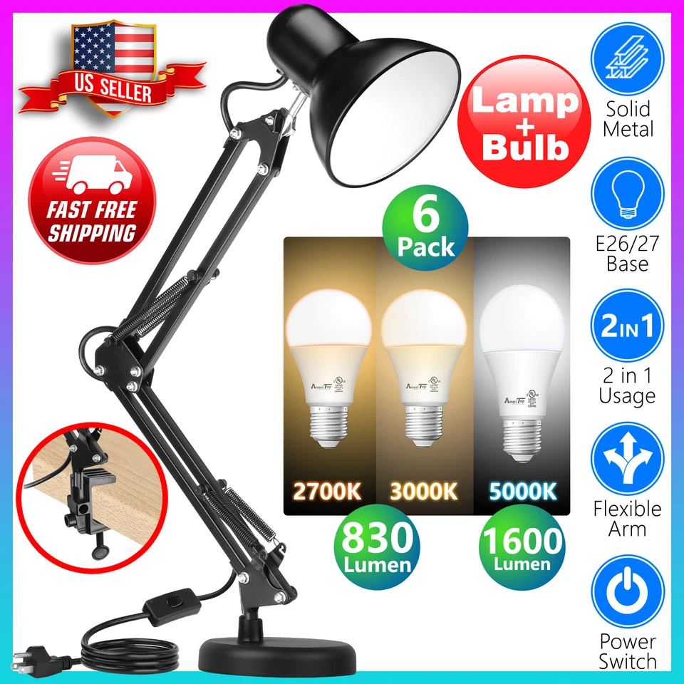 Black Desk Lamp Adjustable Swing Arm 6pack 2700K3000K5000 LED Light Bulbs - Image 1 of 2