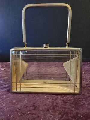 Vtg 1950s Tyrolean NY Lucite & Brass Briefcase Box Handbag, Rhinestone Handle - Image 1 of 4