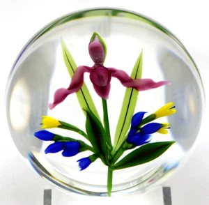 BEAUTIFUL Large CHRIS BUZZINI Blooming ORCHID and Flowers Art Glass PAPERWEIGHT - Picture 1 of 9