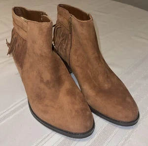 Naturalizer Boots Womens 8.5W Zeline Fringe Ankle Booties Brown Leather Side Zip - Picture 1 of 10