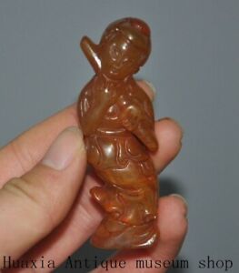 2.8"China Old Jade carved sacrifice fengshui play the flute Beauty Statue