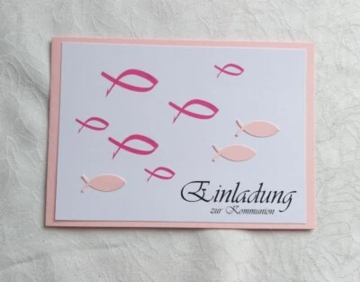 5x Einladung zur Kommunion rosa Doppelkarten mit Fische + Umschlag - Bild 1 von 3