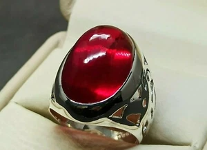 Cabochon Pigeon Dark Deep Red Big Ruby Sterling Silver 925 Handmade Mens Ring - Picture 1 of 12