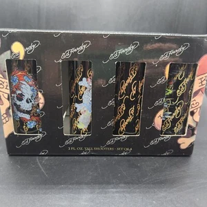 Ed Hardy Skull Barware Drinking Game 4 Black Shot Glasses Set Double Don New - Picture 1 of 3