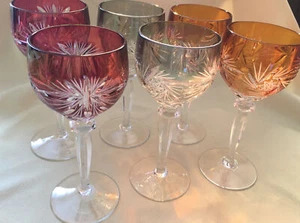 Bohemian Czech Hand Cut to Clear Crystal Wine Goblet 6 Glasses Red Amber Green* - Picture 1 of 12