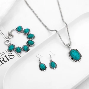 Turquoise Necklace, Earring, Bracelet Set - Teal - Picture 1 of 5