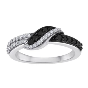 Sterling Silver Black + White Natural Diamond Crossover Ring 0.50 Ct - Picture 1 of 1