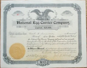 National Egg Carrier 1903 Stock Certificate NJ Chicken Farming Agricultural - Picture 1 of 1
