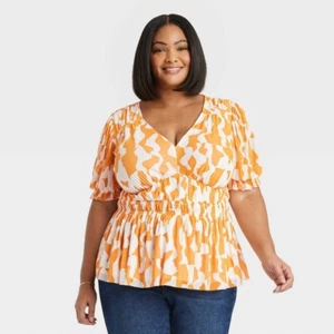 Ava & Viv Women's Slim Fit Puff Elbow Sleeve V-Neck Mesh Top Orange Abstract 4X - Picture 1 of 12