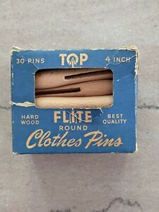 TOP FLITE Clothes Pins Vintage BOX 28 Round Head 4" Hard Wood Best Quality U.S.