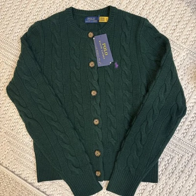 Polo Ralph Lauren Mujer Lana Cachemira Cable Tejido Cárdigan Suéter Púrpura Poni  Foto 1 de 4