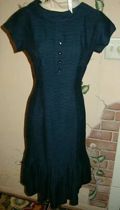 VTG 40s Fitted blue Rayon Wiggle Pin up girl dress Rhinestone buttons Bust 34 - Picture 1 of 6