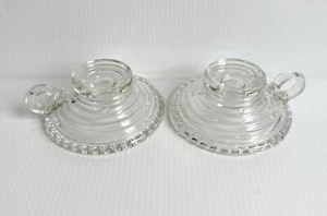 2 Vintage Depression Glas Manhattan gerippt rund Kerzenhalter Fingerschlaufe 5,5" D - Bild 1 von 6