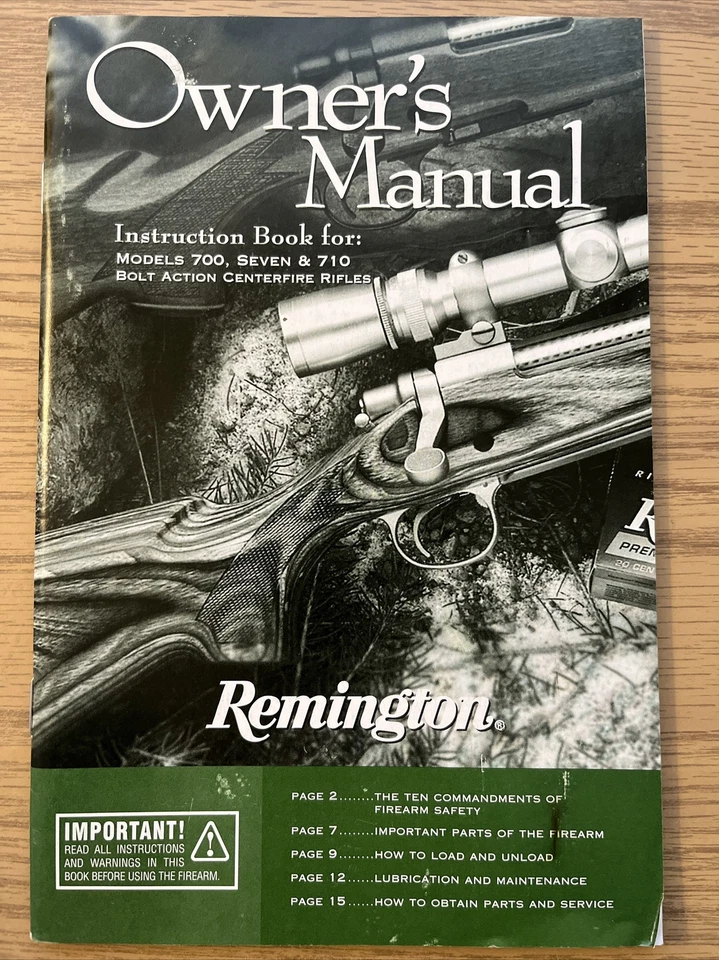 MANUAL DE INSTRUCCIONES RIFLE DE BOMBEROS CENTRO DE ACCIÓN DE CERROJO REMINGTON MODELO 700, SIETE Y 710 Foto 1 de 1
