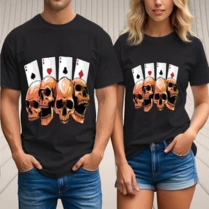 Skull and Aces T-Shirt–Four of a Kind Poker Card Tattoo Style Gothic Graphic Tee - Picture 1 of 20