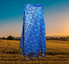 Women Wrap Skirt, Indian Vintage Double Layer Silk Skirt, Handmade Blue One size