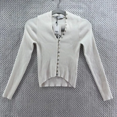 Top Zara Mujer S Crema Acanalado Tejido Botón Delantero Cuello en V Manga Larga Ajustado Nuevo Foto 1 de 4