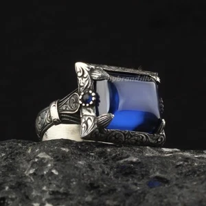Solid 925 Sterling Silver Turkish Handmade Jewelry Zircon Men's Ring All Size - Picture 1 of 4