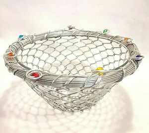 ARC Glass Bowl France Silver Metal Twisted Weave Beaded 9.5 inch