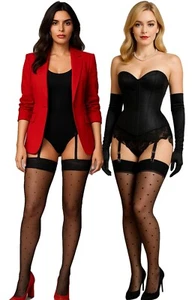 Sheer Black Stockings with Polka Dots – Garter Style Hosiery Elegant Sizes S - - Picture 1 of 24