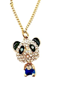Panda Bear Pave Rhinestone Pendant Necklace Enamel & Gold Tone Statement 23" - Picture 1 of 11